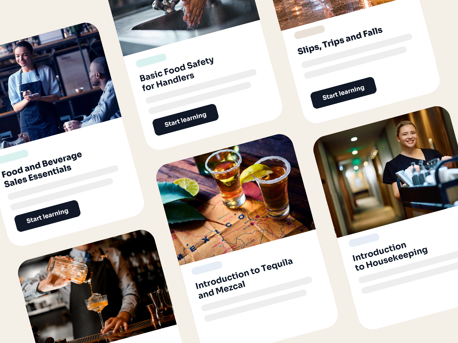 A selection of Allara Global's course library, including food safety, sales, and hospitality training topics