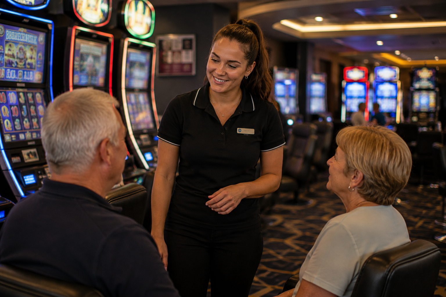 Club staff member speaking with members in a gaming room